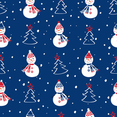 Winter seamless pattern with cute snowmen and Christmas trees for gift wrap, textile, wallpapers and scrapbook. Happy New Year 2019. Doodles, sketch for your design. Vector.