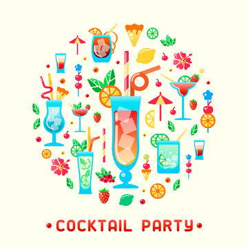Party invitation consepts with alcohol cocktails different types and decorations. Flat style vector illustration. Suitable for bar menu design and advertising