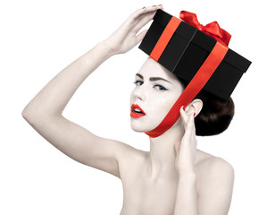 naked woman with blue eyes black gift box red ribbon and lips