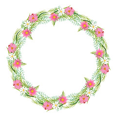 vector round wreath of flowers and leaves on white background, for decoration of postcards, posters, paper, gifts, stickers, covers.