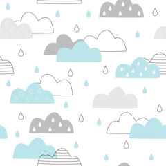 Seamless pattern with blue and gray clouds on a white background. Rainy clouds. Vector illustration in the Scandinavian style. Suitable for postcards, posters, printing on textiles, kids wallpapers.