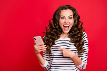 Portrait of nice lovely crazy funny attractive amazed wondered stunned wavy-haired lady wearing...