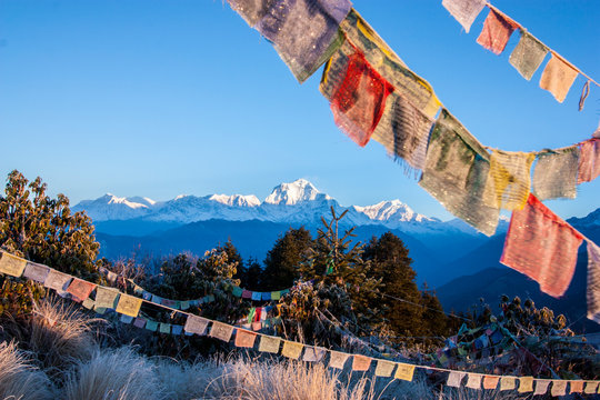 Mount Annapurna at dawn on Poon Hill in Nepal among prayful tags