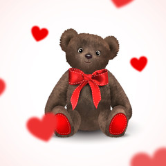 Red blurred hearts fly around a gift teddy bear children's toy with a red ribbon with a bow. Realistic romantic illustration. - 238348682