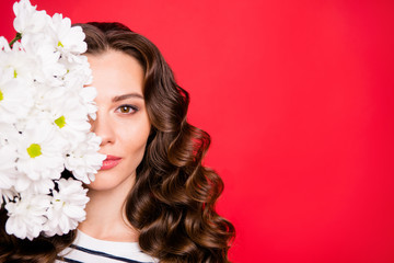 Obraz na płótnie Canvas Close-up half-face portrait of nice cute lovely sweet attractive calm peaceful candid wavy-haired girl hiding holding smelling white summer flowers isolated over bright vivid shine red background