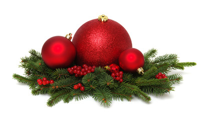 Christmas decoration baubles with branches of fir tree