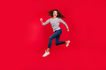 Full length size body photo of fly high attractive beautiful she her girl want to be in time for black friday sale discount wearing white casual sweater on red vivid bright background