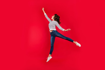 Full length size body photo of fly high with magical invisible bumbershoot holding it by one hand attractive she her girl wearing white casual sweater on red vivid bright background