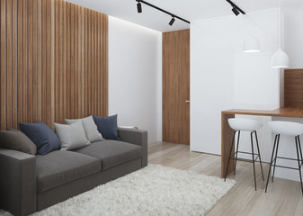 Design a small room with a sofa. 3D rendering.