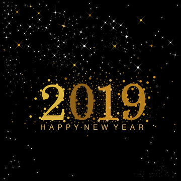 Black and gold 2019 New Year numerals designed with stars and sparkles
