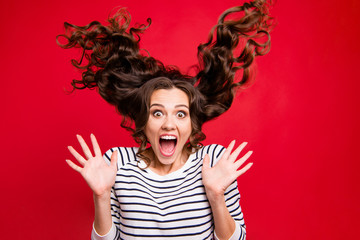 Close up side profile portrait of pretty attractive brunette she her girl hands in stop sign yell...