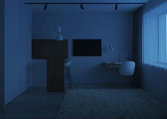 Design a small room with a sofa. Night. Evening lighting. 3D rendering.