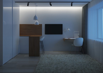 Design a small room with a sofa. Night. Evening lighting. 3D rendering.