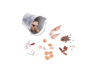 variety of seeds and metal can on white background