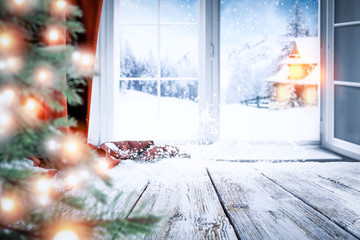 Fototapeta premium table background with winter window and christmas tree 