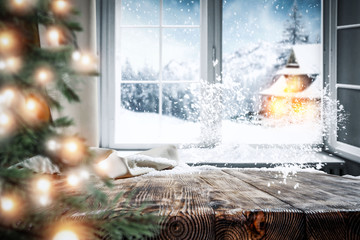 table background with winter window and christmas tree 