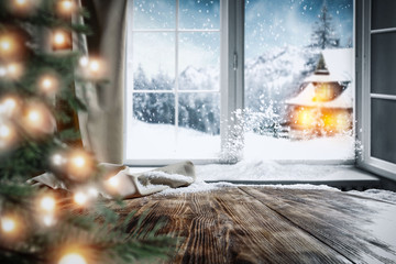 table background with winter window and christmas tree 