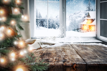 table background with winter window and christmas tree 