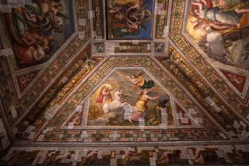 FERRARA, ITALY - SEPTEMBER 29 2018 - Medieval paintings in Estense Castle in Ferrara Italy under restoration