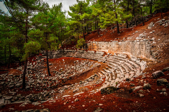 Theater of Cadianda (Kadyanda) Ancient City view near Uzumlu village in Fethiye, Mugla, Turkey. Roman settlement at BC 5th century. An old city from inside mystic red forest. Lycian way.