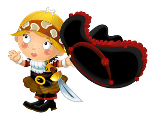 happy smiling cartoon medieval pirate woman standing smiling with sword on white background - illustration for children