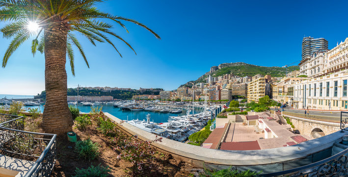 View on Principality of Monaco with luxury yachts on port, French Riviera coast, Cote d'Azur, France
