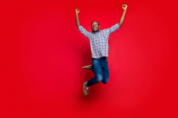 Full length body size portrait of nice funny glad handsome cheerful optimistic positive guy wearing...