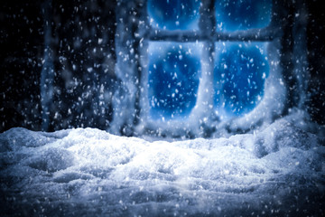 Table background of snow and frost and window background 
