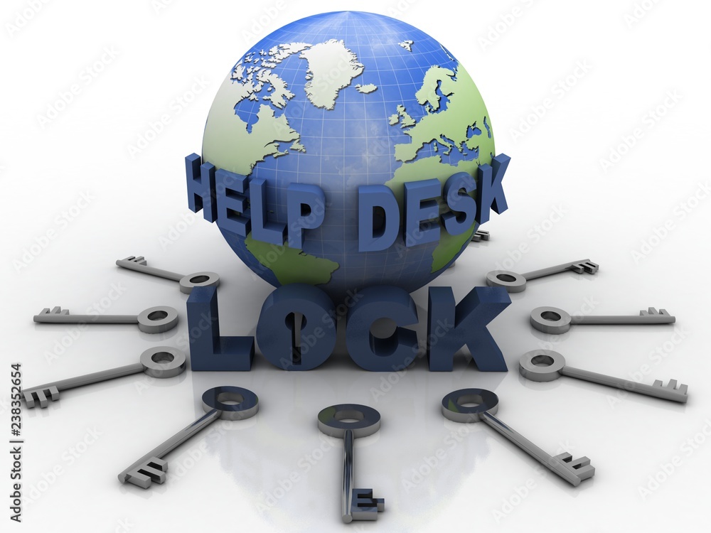 Poster 3d rendering help desk with key lock