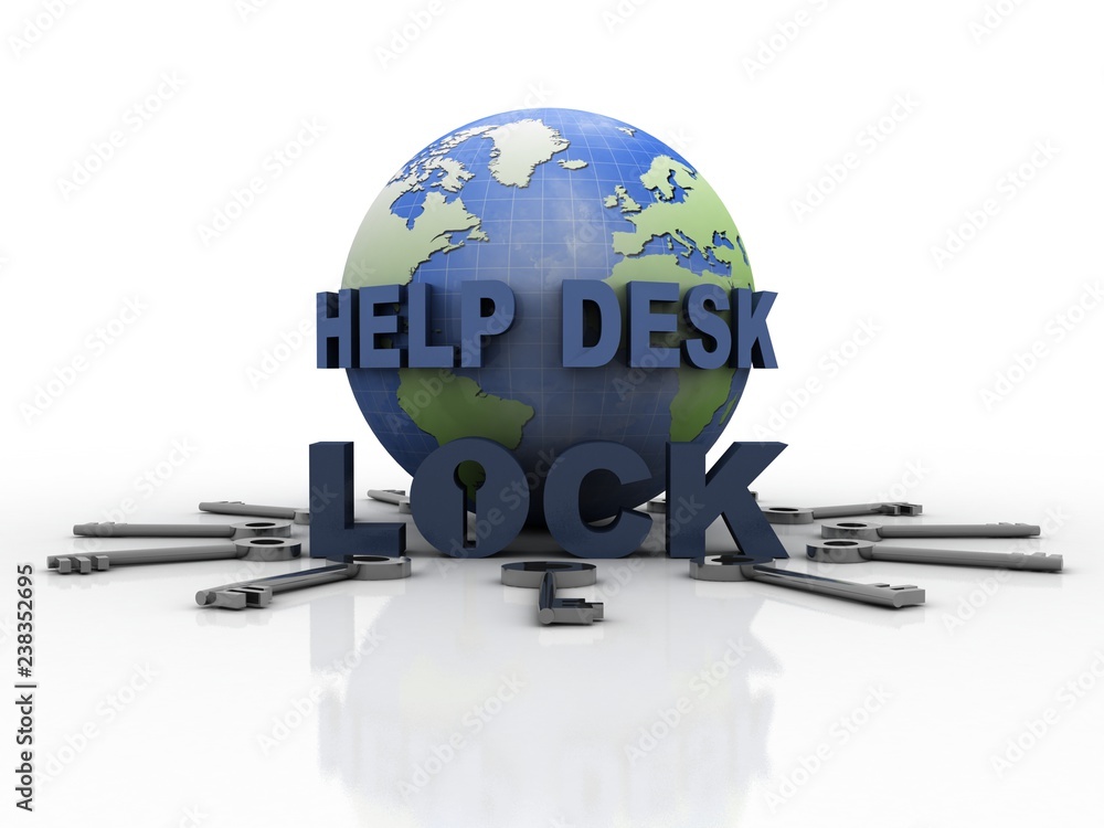 Poster 3d rendering help desk with key lock