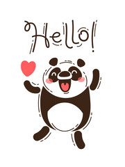 A happy panda greets you Hello. Vector illustration in cartoon style