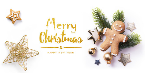 Fototapeta na wymiar Christmas greeting card; Christmas element on white background; top view;