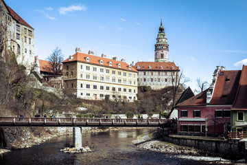 Obraz premium View of bridge and Vltava river castle in Cesky Krumlov, Czech Republic