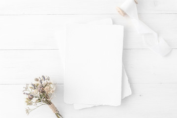 Feminine wedding, birthday desktop mock-up. Invitation card mockup, template Blank greeting cards, rspv card, 5x7, card, envelope. White silk ribbons, dry flowers.  Minimal, clean modern