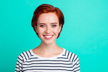 Close-up portrait of nice charming attractive cheerful cheery peaceful red lady wearing striped...