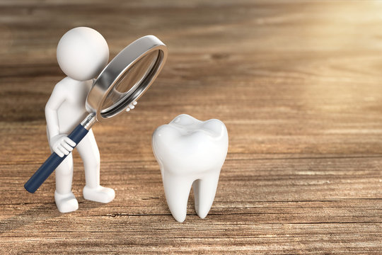 3D Illustration wei&szlig;es M&auml;nnchen mit Lupe und Zahn