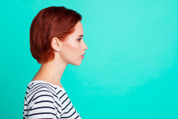 Profile side view portrait of nice charming pretty sweet attractive quiet minded red-haired lady...