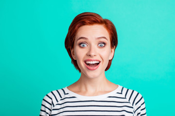Close-up portrait of nice funny funky charming attractive lovely positive cheerful red-haired lady...