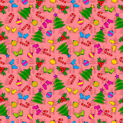 Abstract seamless wrapping pattern for girls, boys. Creative vector wrapping background with gloves, Christmas tree, ornamentation. Funny wallpaper for textile and fabric. Fashion wrapping style.
