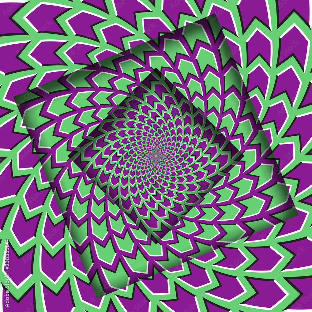 Poster abstract turned frames with a rotating green purple arrows pattern. optical illusion background.