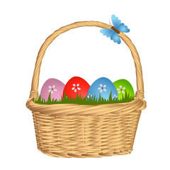 Colorful Easter eggs in wicker basket on grass illustration. Vector illustration. Isolated on a white background.