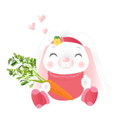 Rabbit with carrot isolated on white background. Vector illustration.