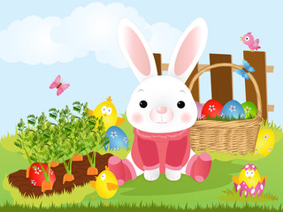 Easter bunny with Easter basket full of decorated Easter eggs in a grass. Vector illustration. Isolated on a white background.