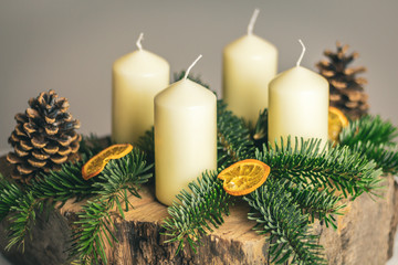 selfmade advent wreath on wood