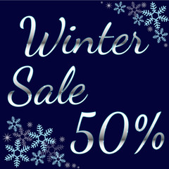 Naklejka na ściany i meble Elegant silver winter lettering design Winter sale 50% with shiny and bright snowflakes on blue background.