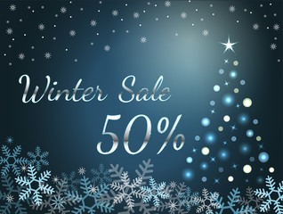 Elegant silver winter lettering design Winter sale 50% with shiny and bright snowflakes on blue background.