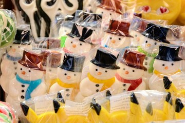 Colorful lollipops on display at Warsaw Christmas Market. Sweet candies and lollipopos in the Christmas stall