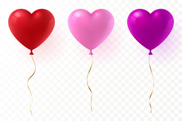 Vector heart shaped balloons set isolated on transparent background. Red, pink and purple glossy balloon with gold ribbon. Festive decoration element for Valentine's Day or Wedding. Eps 10.