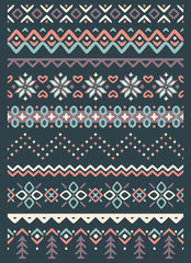 Vector ugly sweater seamless borders with norway ornament. Pattern brushes collection