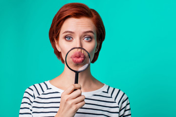 Close up studio photo portrait of cute lovely astonished amazed beautiful person she her holding...